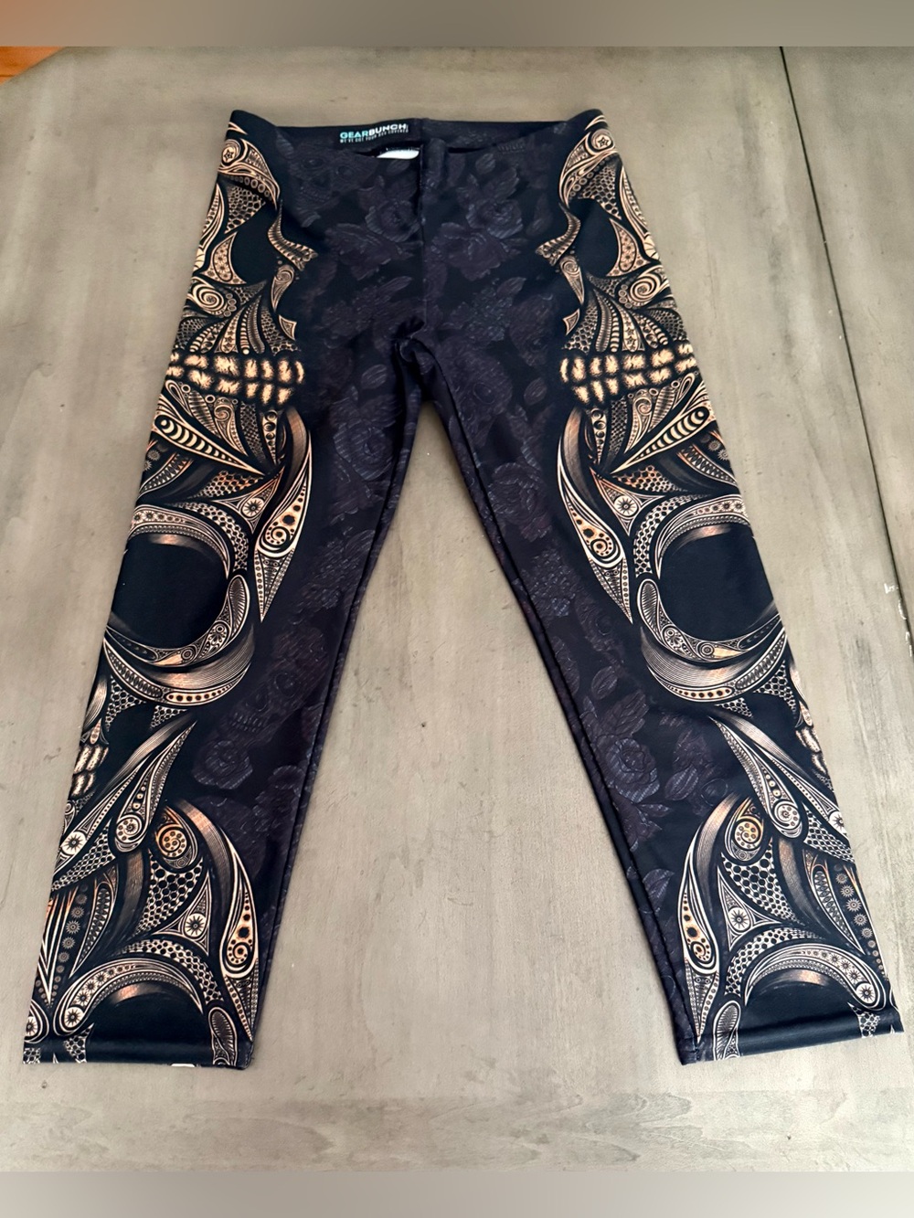 Gearbunch Black Leggings with Gold/orange tone skull print